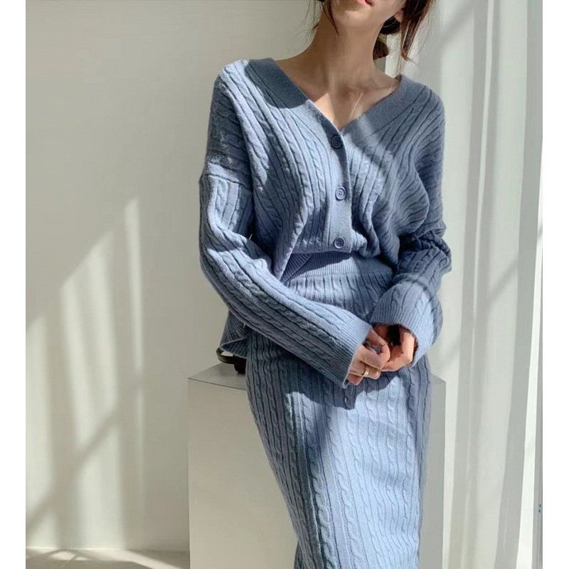 V neck Hemp Pattern Knitted Cardigan Sweater High Waist Sheath Skirt Blue - Shop at LoveMi