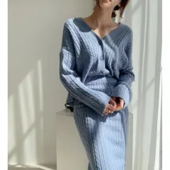 V-neck Hemp Pattern Knitted Cardigan Sweater High Waist Sheath Skirt - Blue - View 1