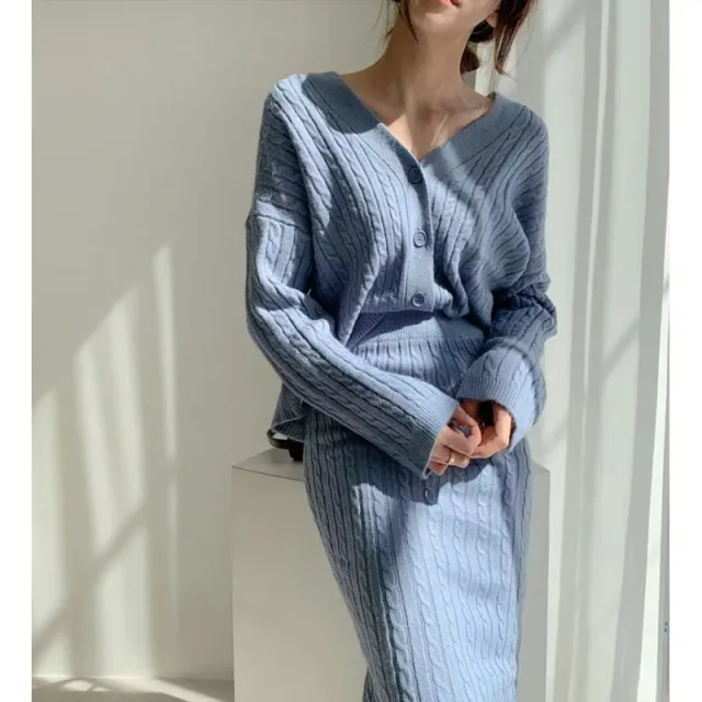 V neck Hemp Pattern Knitted Cardigan Sweater High Waist Sheath Skirt Blue - Shop at LoveMi