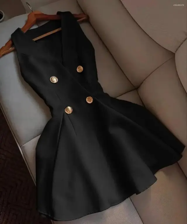 V neck Sleeveless Buttoned Solid color Sweet Mini Dress Black - Shop at LoveMi