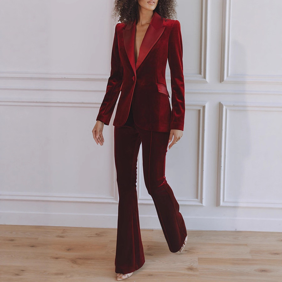Womens Solid-Color Casual Long-Sleeve Blazer And Pants Set