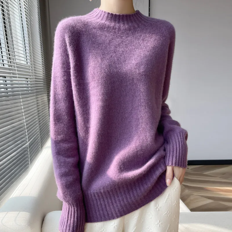 Pullover Half Turtleneck Thick Loose Wool Knitted Sweater - Western Purple