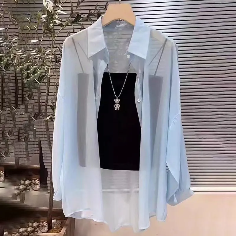 Loose All-match Fashionable Mid-length Shirt Thin Sun Protection Clothing For Women - Blue