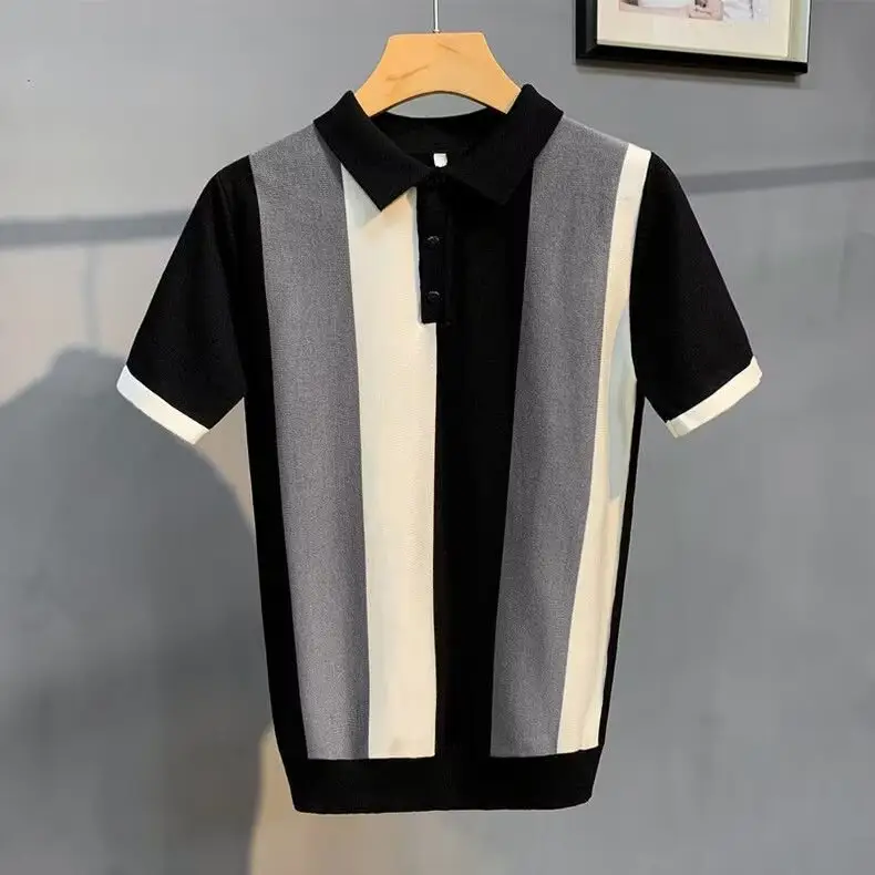 Short Sleeve Men's Vintage Stripe Personality Zipper Half
