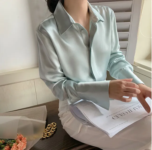Women's Satin New Design Sense V neck Silk Acetate White Shirt Light Green - Shop at LoveMi