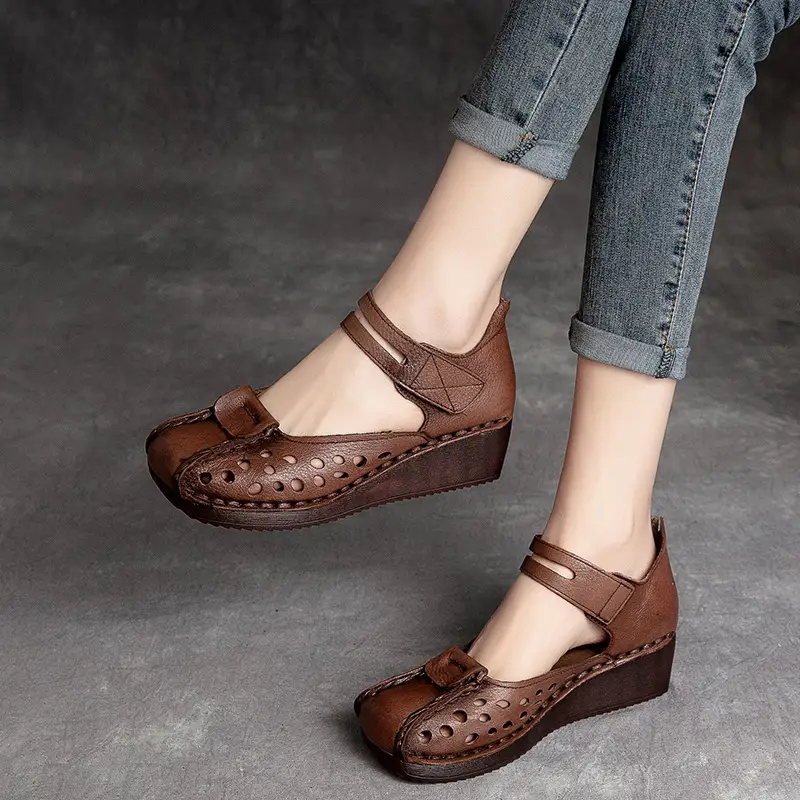 Slope Heel Comfortable Top Layer Cowhide Women's Shoes With Hollowed Out Toe Caps