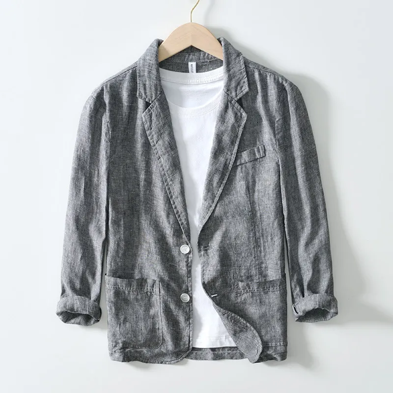 Retro Flat Collar Linen Suit Men's Business Casual Loose Jacket