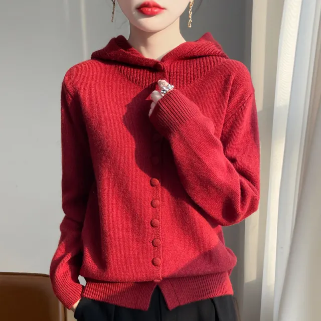Womens Knitted Sweater Stylish Western Style Solid Color All Match Hooded Knit Cardigan Red - Shop at LoveMi