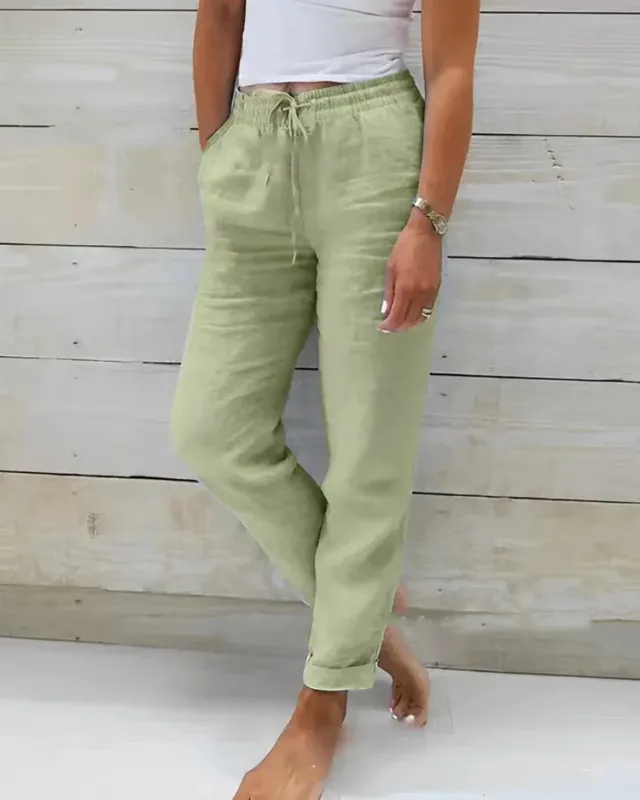 Cotton And Linen Women's High Waist Elastic Waist Solid Color Cotton And Linen Casual Pants Yellow Green - Shop at LoveMi