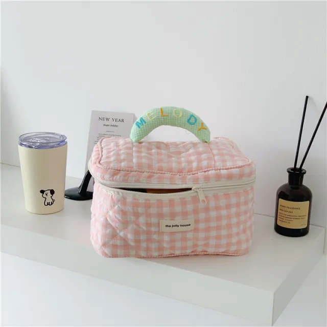 Ins Plaid Cosmetic Bag Large Capacity Japanese Style Pink - Shop at LoveMi