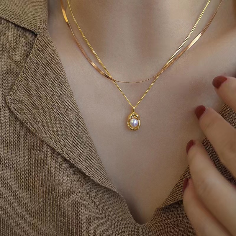 Titanium Steel 18K Gold Pearl Geometric Necklace