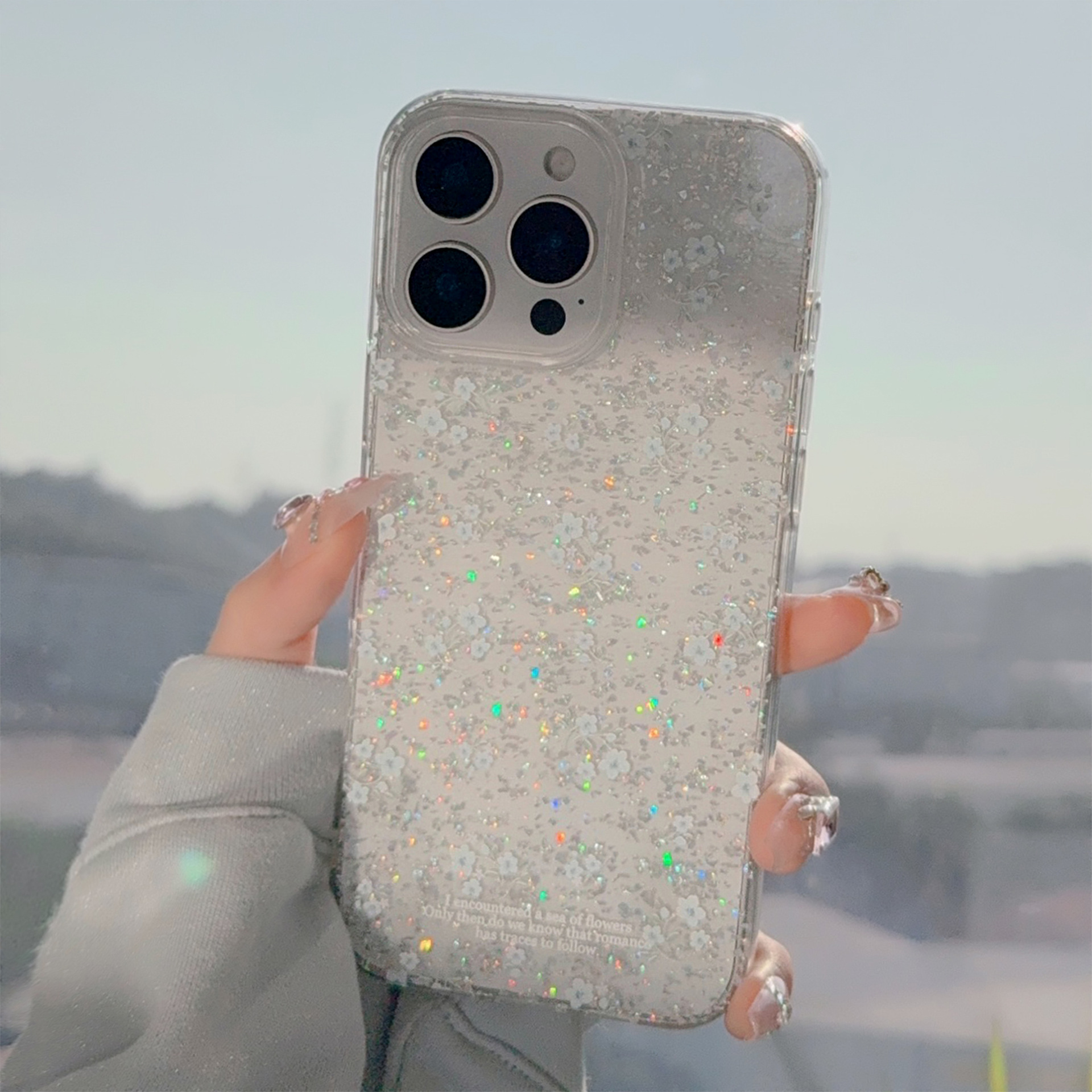 Soft Blue Floral Phone Case With Shimmering Glitter