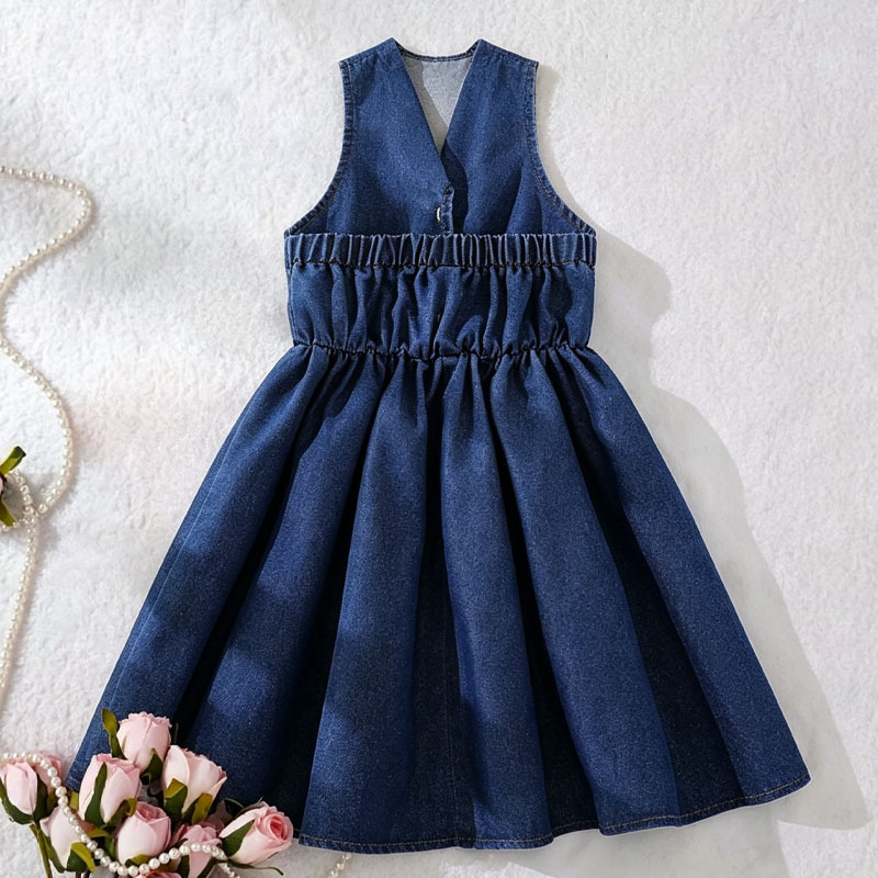 Girls Denim Lapel-Style Dress Set