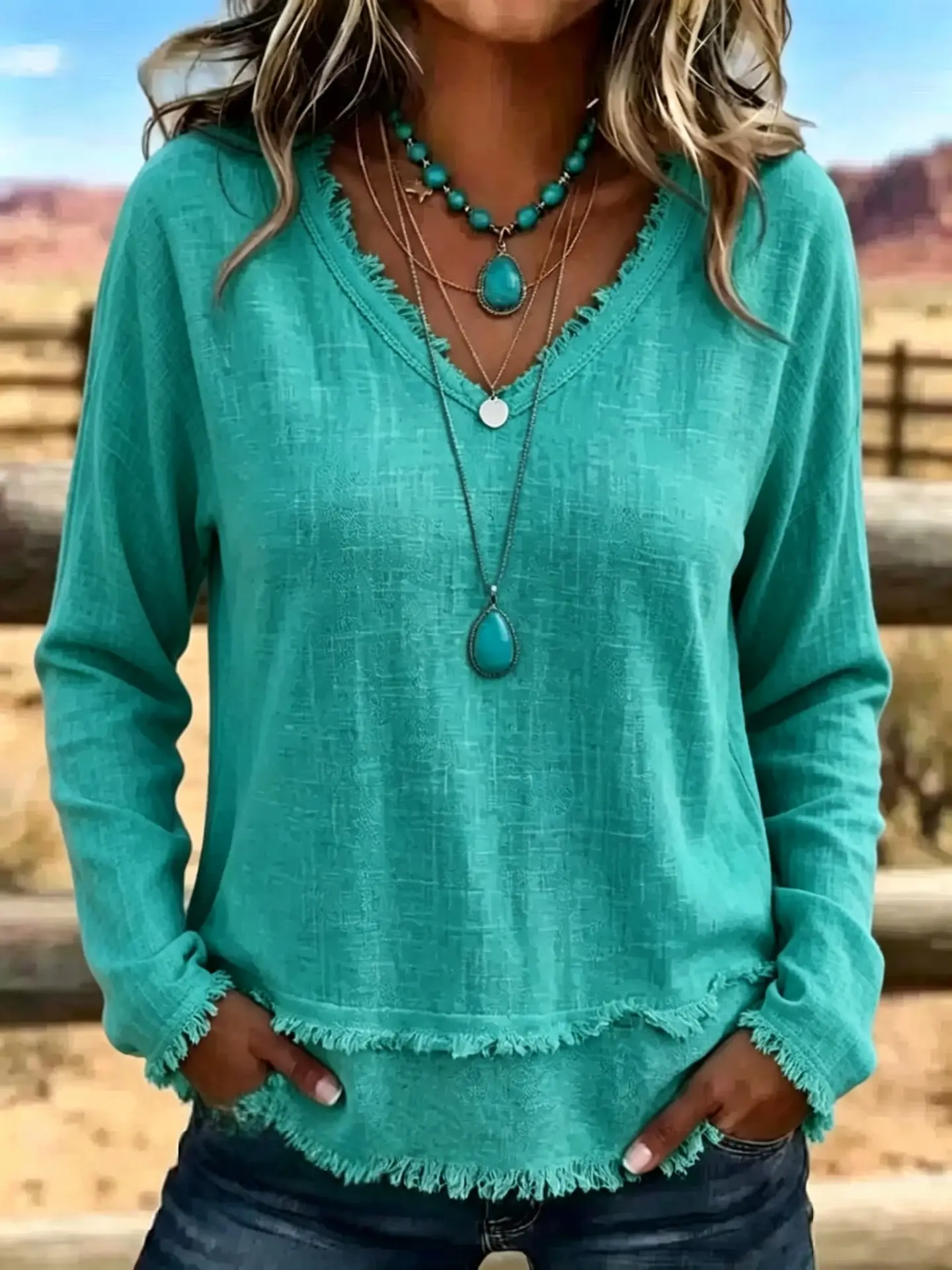 V-Neck Long Sleeve T-Shirt With Tassel Women's Loose Fit Casual Top For Daily Wear Clothing