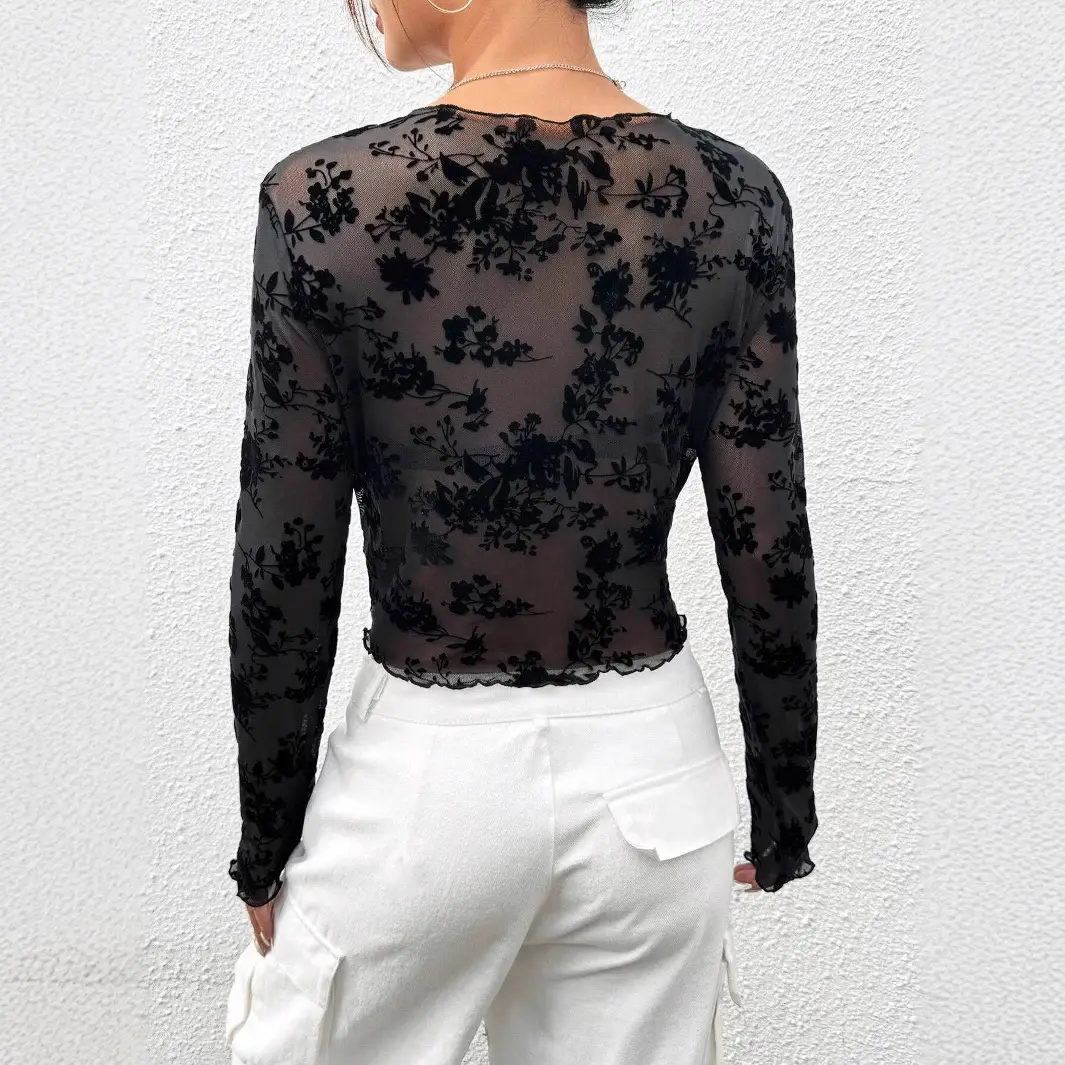 Women's Black Mesh Crew-Neck Long-Sleeve T-Shirt