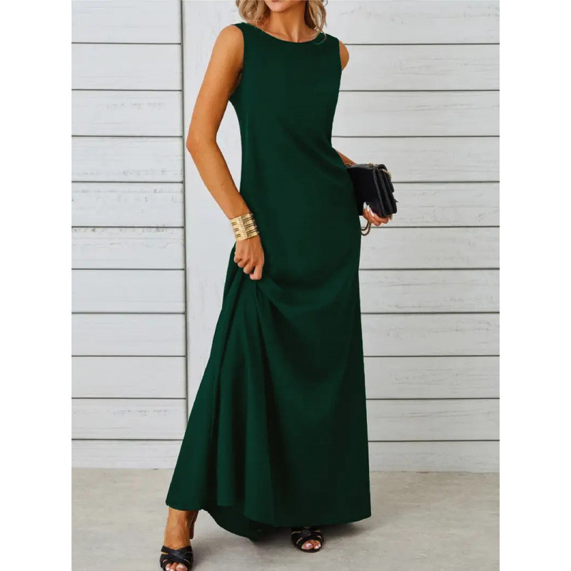 Solid Color Round Neck Short Sleeves Long Dress