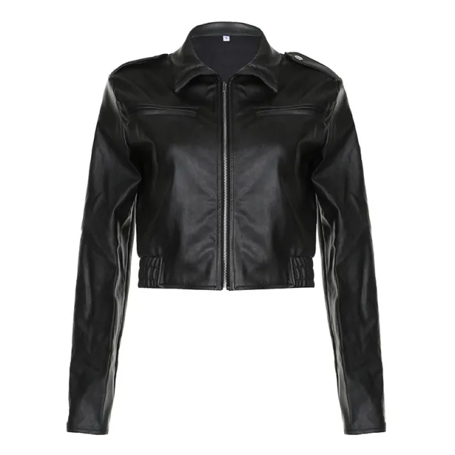 Solid Color Zipper Small Loose Lapels Fashion American Leather Coat Women's Black - Shop at LoveMi