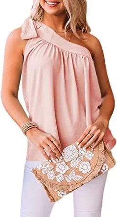 Women's Summer New Asymmetric One shoulder Vest Slim Top Pink - Shop at LoveMi