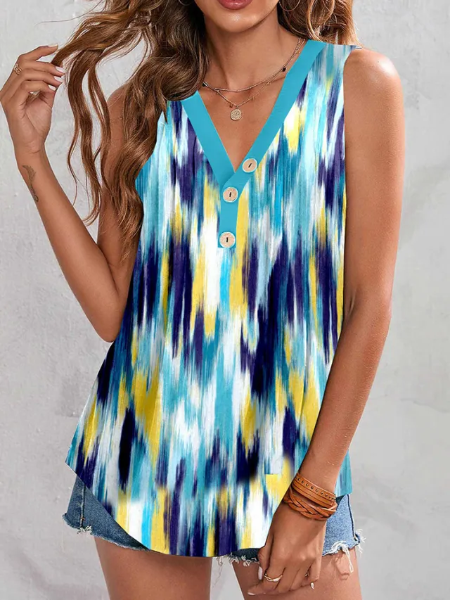 Casual V neck Sleeveless Regular Pullover Digital Printed Women's T shirt Green Smudges - Shop at LoveMi