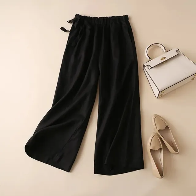 High Waist Side Lace up Retro Art Elastic waist Casual Pants For Women Black - Shop at LoveMi