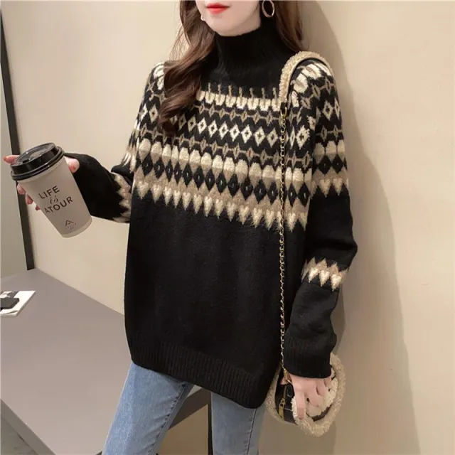 Women's Contrast Wool Sweater Outerwear Sweater Black - Shop at LoveMi