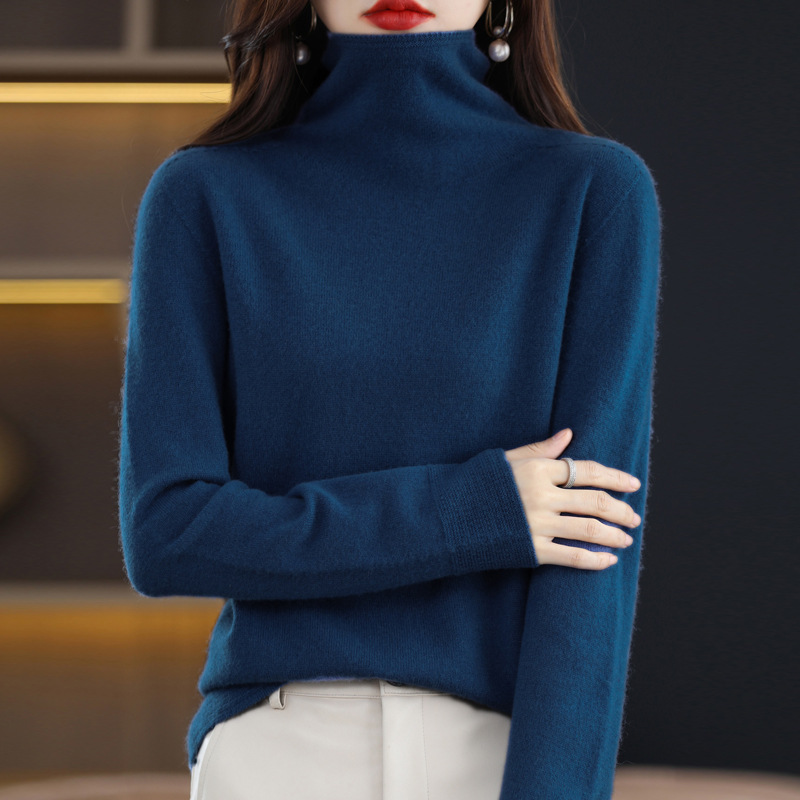 Women's Pile Collar Pullover Long sleeved Sweater Seaweed Blue - Shop at LoveMi
