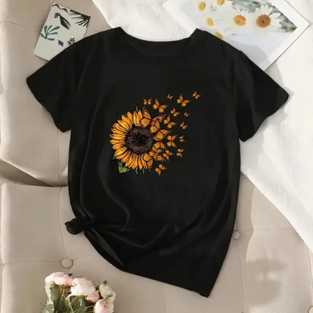 Women's Sunflower Butterfly Print Pullover Round Neck Short Sleeve Black - Shop at LoveMi