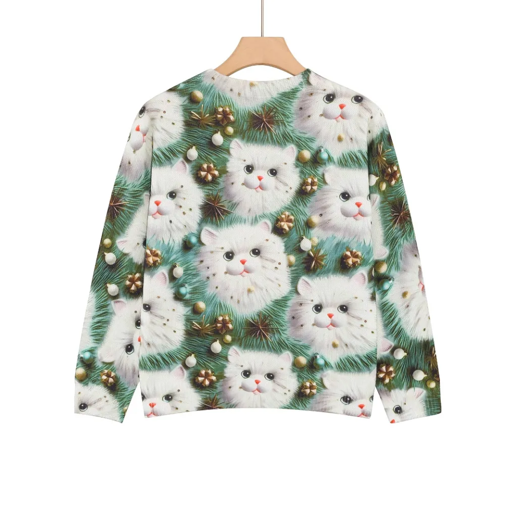 Women's Round Neck Long Sleeve Cat Printing Sweater - Cat