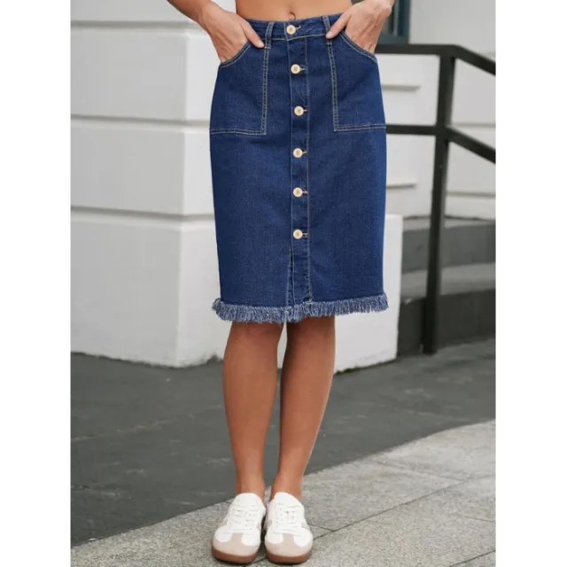 Womens Solid Color Raw Hem Elegant Stylish Stretch Denim Skirt Blue - Shop at LoveMi