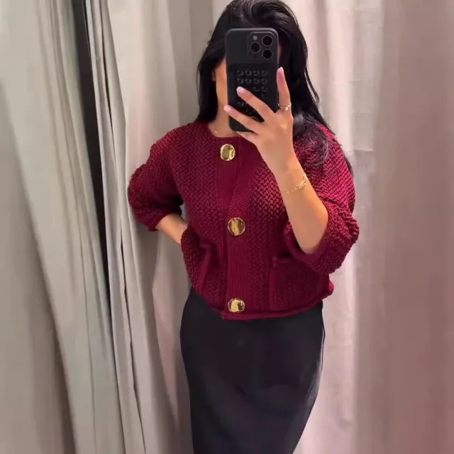 Fashionable All match Basic Round Neck Knitted Cardigan Jacket Red - Shop at LoveMi