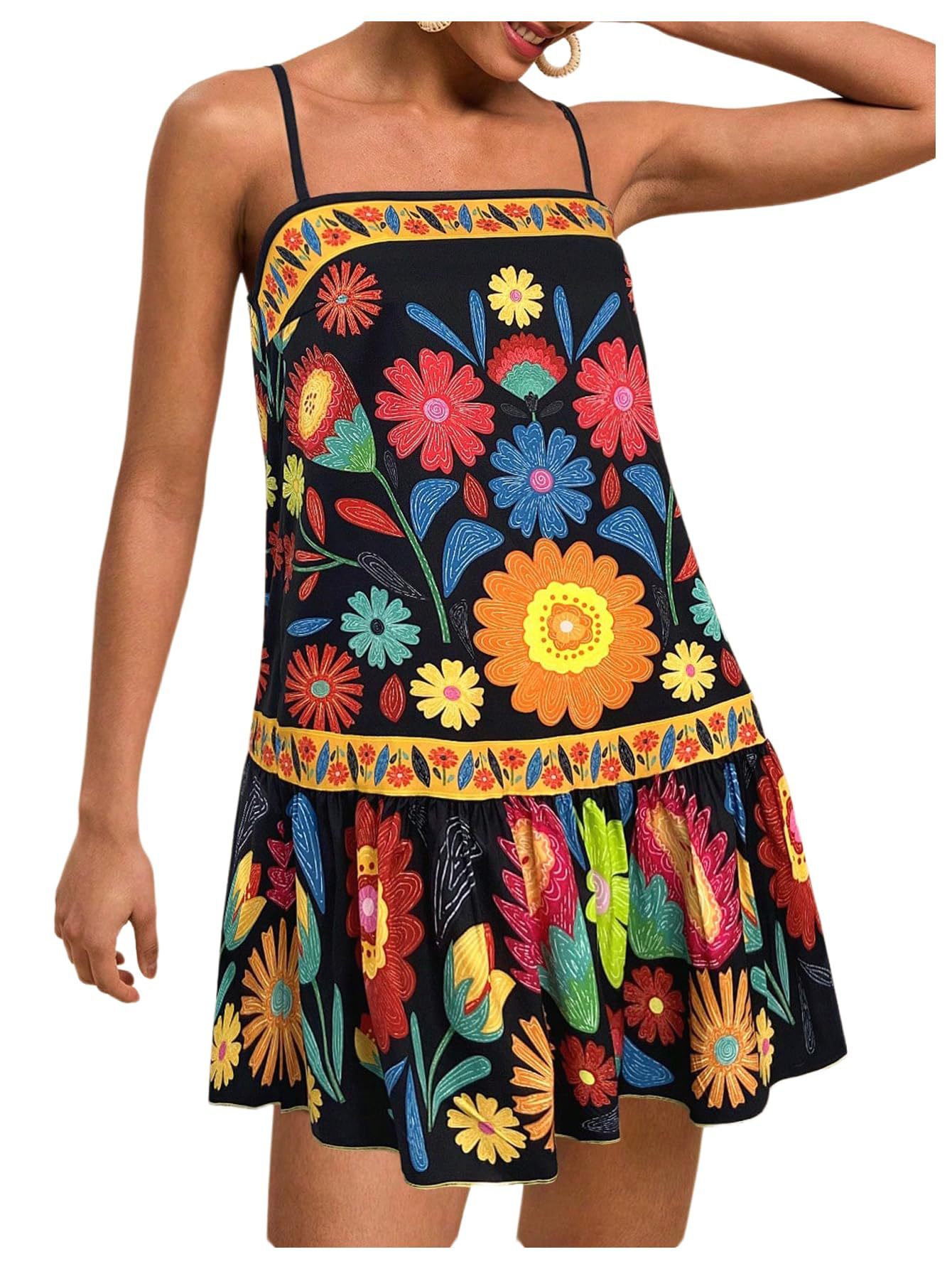 Printed Bohemian Flowy Sling Vacation Style Casual Loose Dress Black - Shop at LoveMi