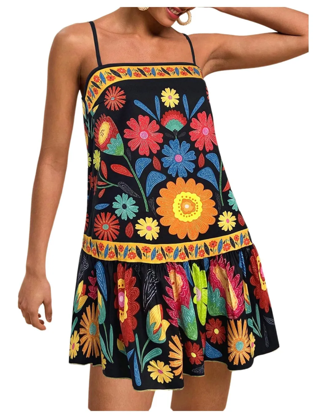 Printed Bohemian Flowy Sling Vacation Style Casual Loose Dress - Black