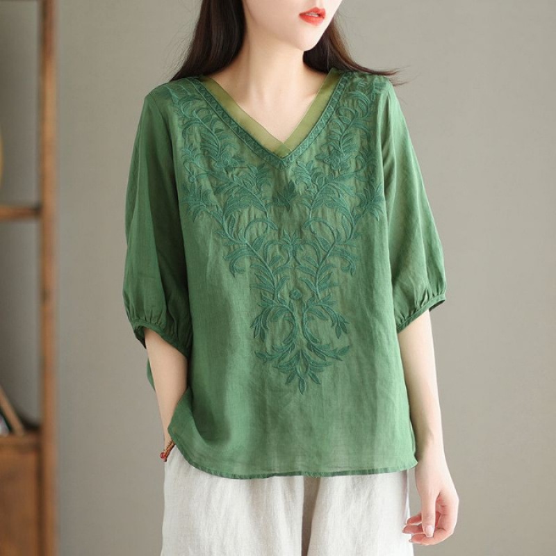 Embroidered Casual Versatile Lightweight High-end Cotton-linen Shirt