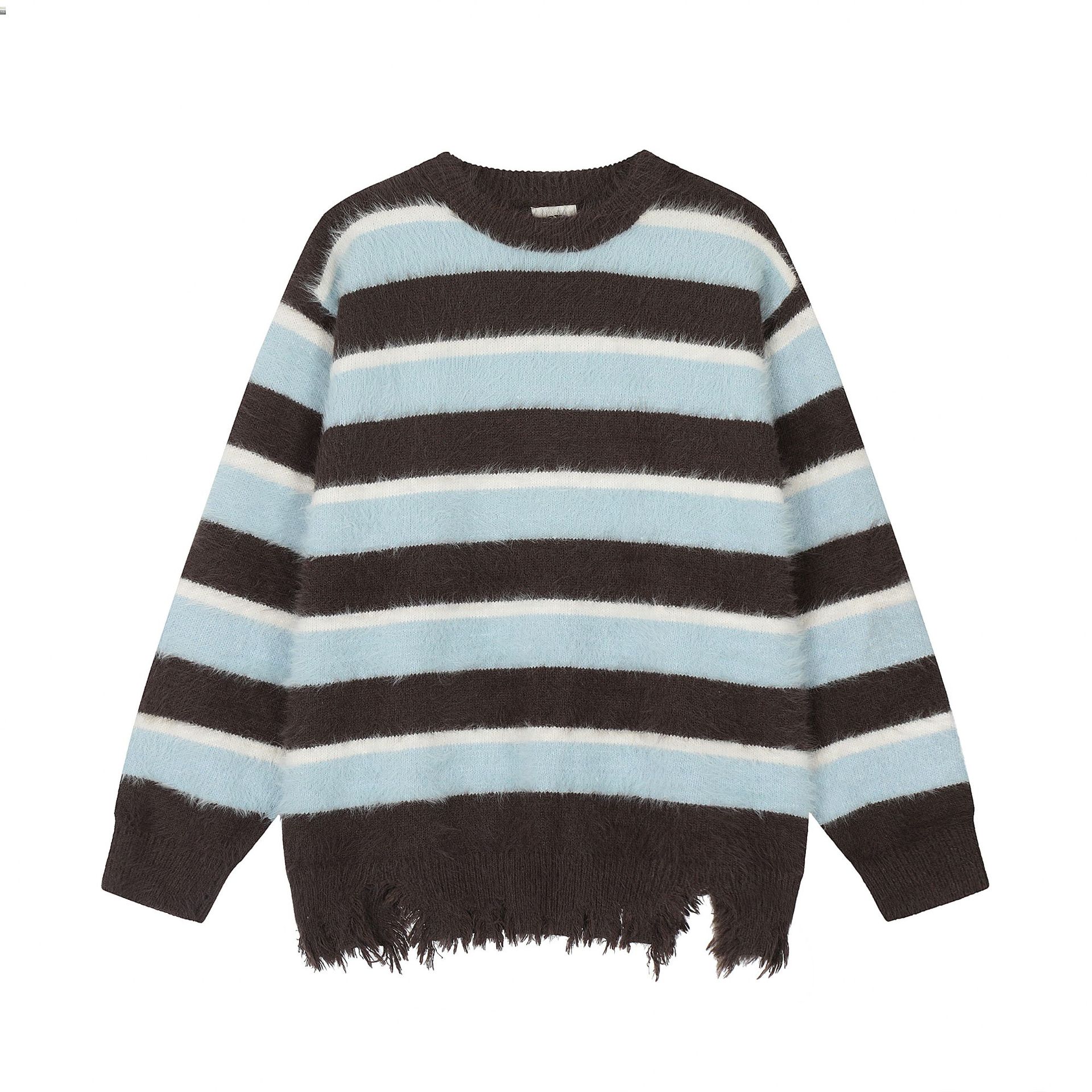 Maychao Vintage Color block Crew Neck Knitted Sweater Blue Coffee - Shop at LoveMi