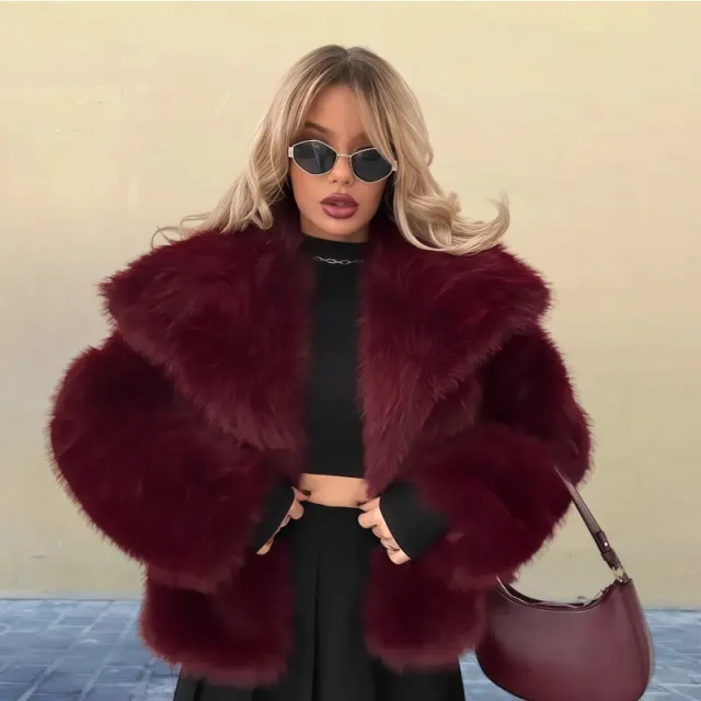 Women's Pure Color Versatile Faux Fur Collar Long Sleeve Coat Plus Size Outerwear Wine Red - Shop at LoveMi