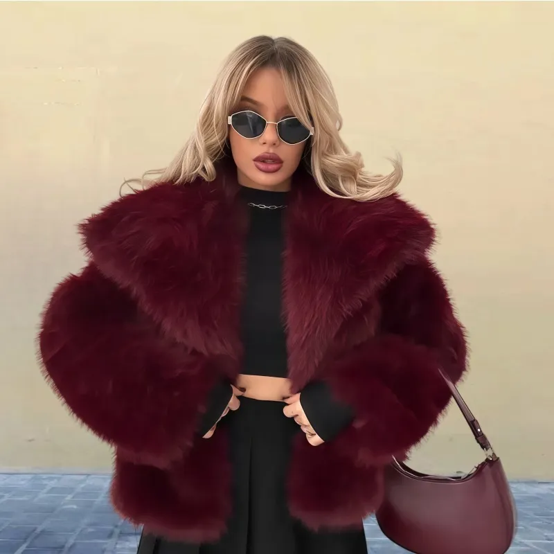 Women's Pure Color Versatile Faux Fur Collar Long Sleeve Coat Plus Size Outerwear - Red