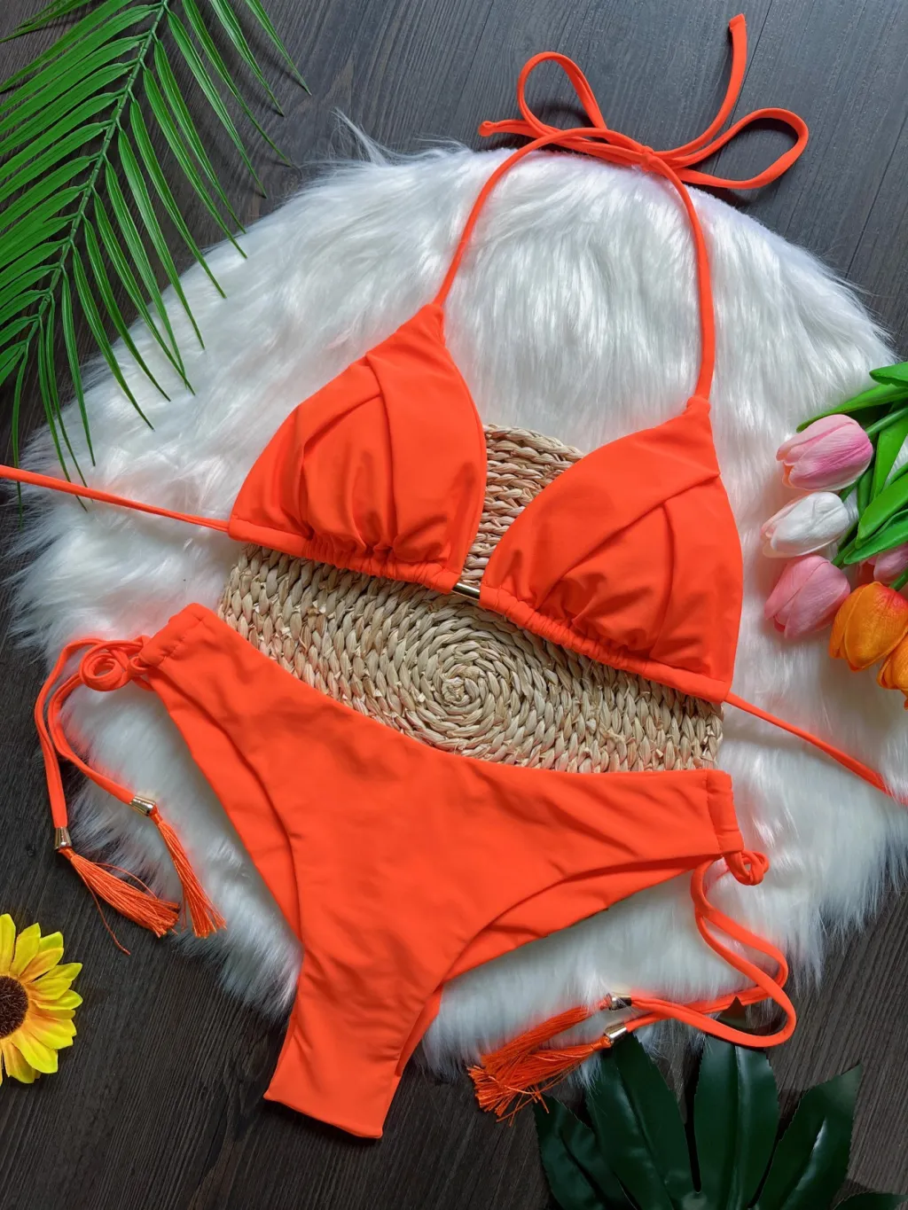 Tassel Pure Color Bikini Swimsuit Set - Rt81-L