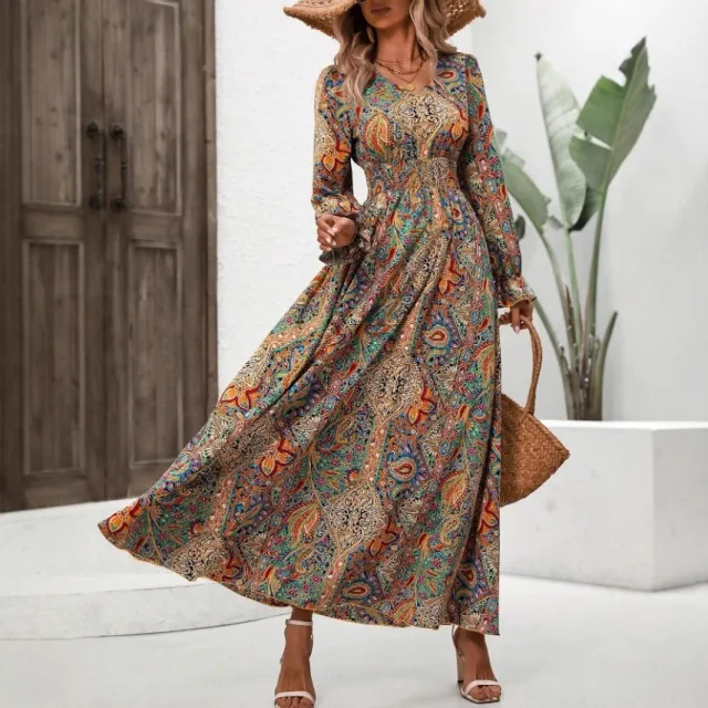New Floral print V neck Long sleeve Swing Maxi Dress Floral - Shop at LoveMi