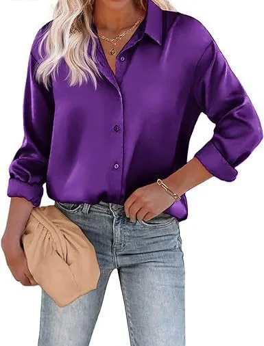 Women's Satin Top Long Sleeve Button Shirt Autumn Purple - Shop at LoveMi