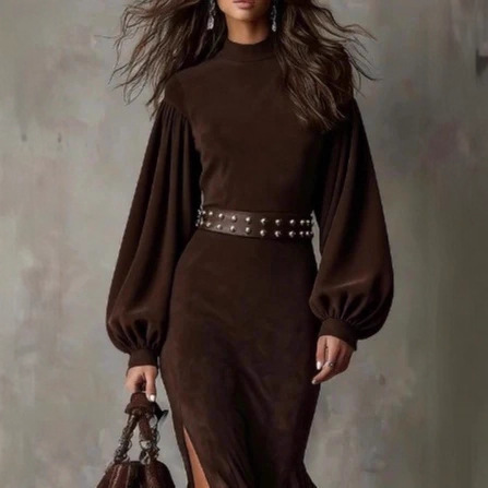 Lantern-Sleeve Slit Dress