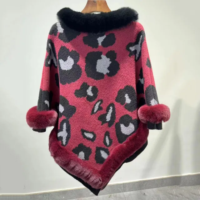 Leopard Print Plus Size Pullover Cloak Big Fur Collar Irregular Mid length Cloak Red - Shop at LoveMi