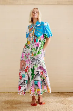 Linen Personality Printed Shirt-collar Cardigan Dress - Colour - View 1