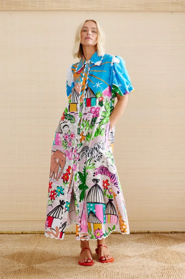 Linen Personality Printed Shirt collar Cardigan Dress Color - Shop at LoveMi
