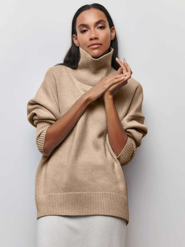 Loose Mock Neck Autumn And Winter Russian Sweater Light Khaki - Shop at LoveMi