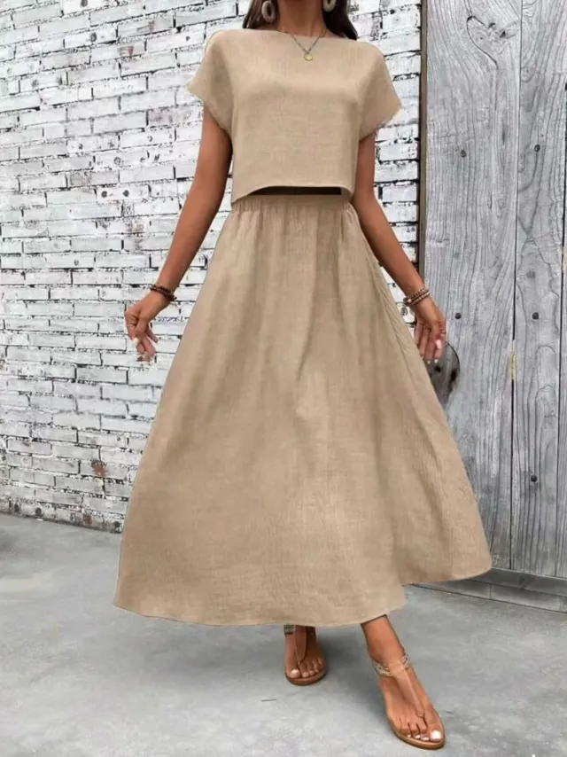 Set Women's Solid Color Short Sleeve Top And Casual A Line Dress Suit Khaki - Shop at LoveMi