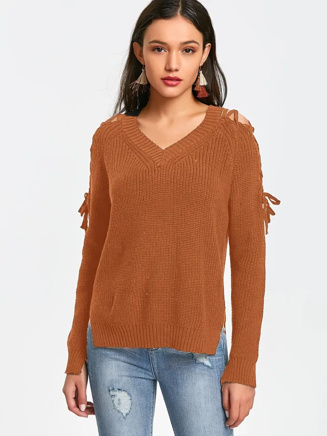Hollow Knit Sweater Women Long Sleeve Tie Loose V neck Brown - Shop at LoveMi