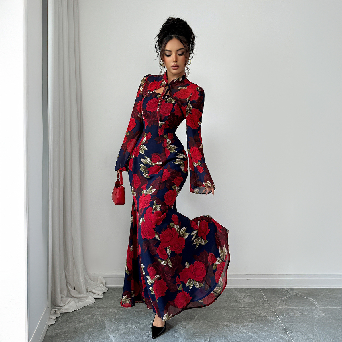 Elegant Style Printed Long-sleeved Dress For Women