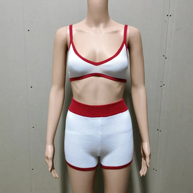 Summer Women's Contrast Color Suspender Top Shorts Knitting Suit Beige Red - Shop at LoveMi