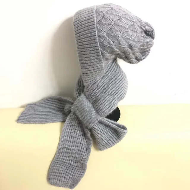 Women's One piece Hat With Scarf Warm Thickened Ears Protection Woolen Cap Gray - Shop at LoveMi