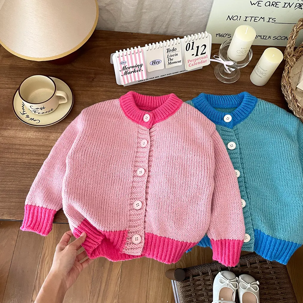 Girls' Coat Knitted Sweater Fashionable Contrast-color Loose-fit